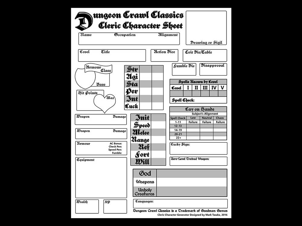 Dungeon Crawl Classics Character Sheets designed by Mark Tasaka 2016/2017