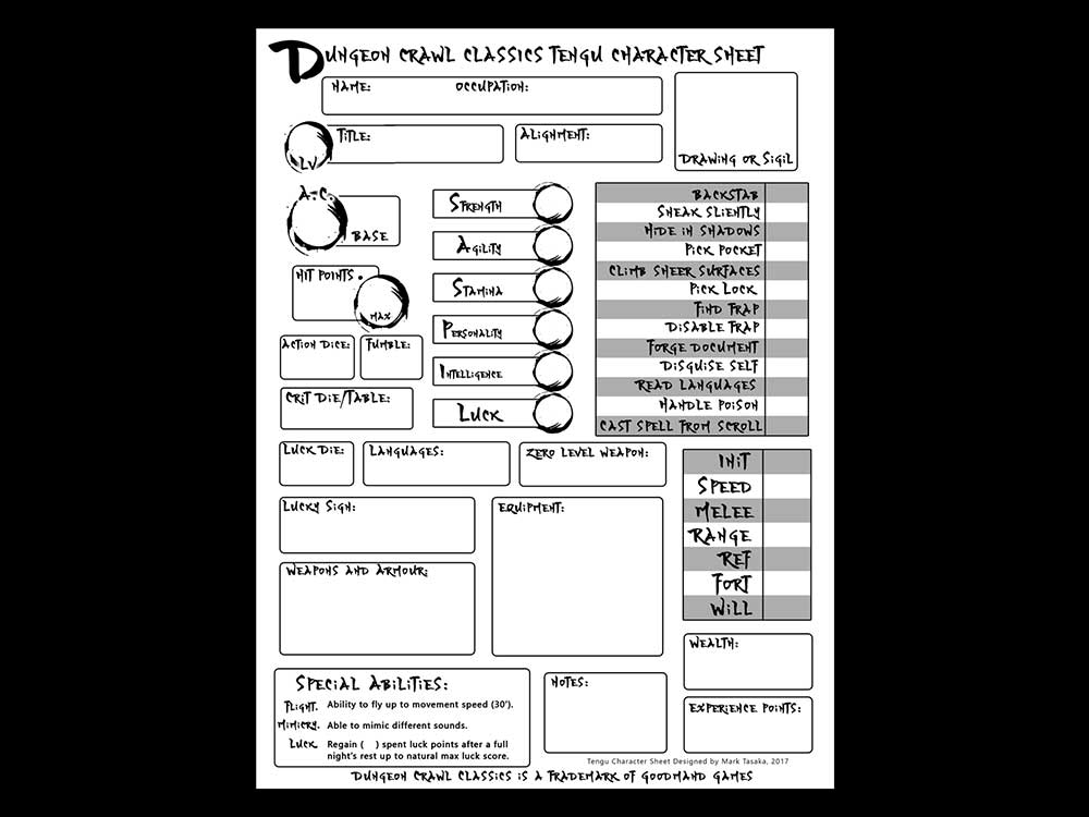 Dungeon Crawl Classics Character Sheets designed by Mark Tasaka 2016/2017