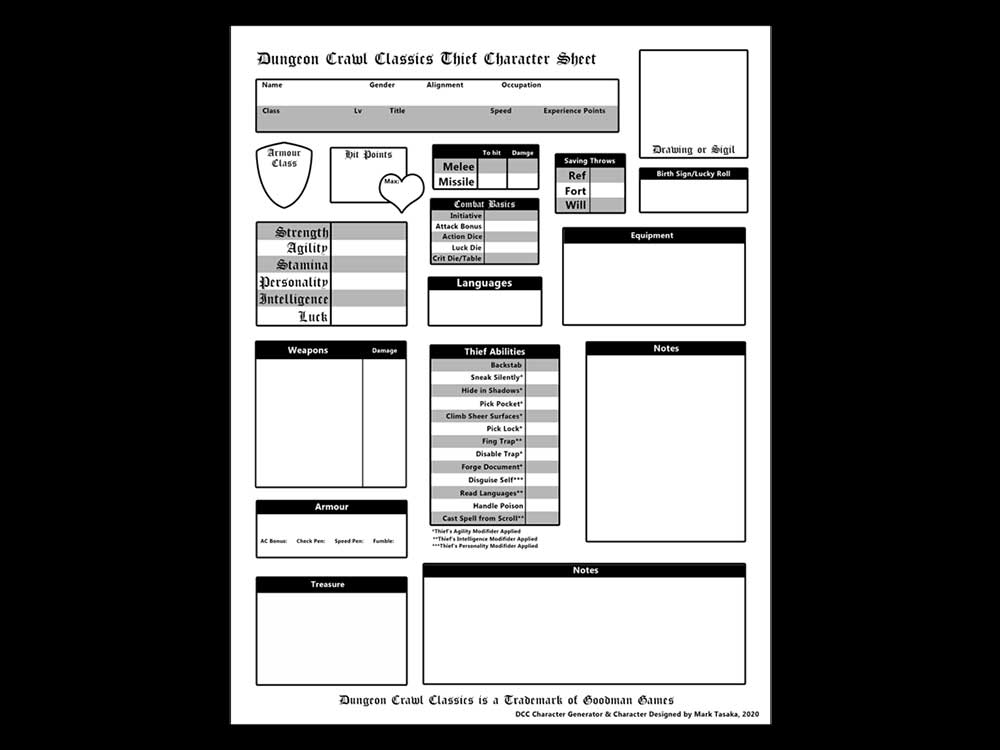 Dungeon Crawl Classics Character Sheets designed by Mark Tasaka 2020