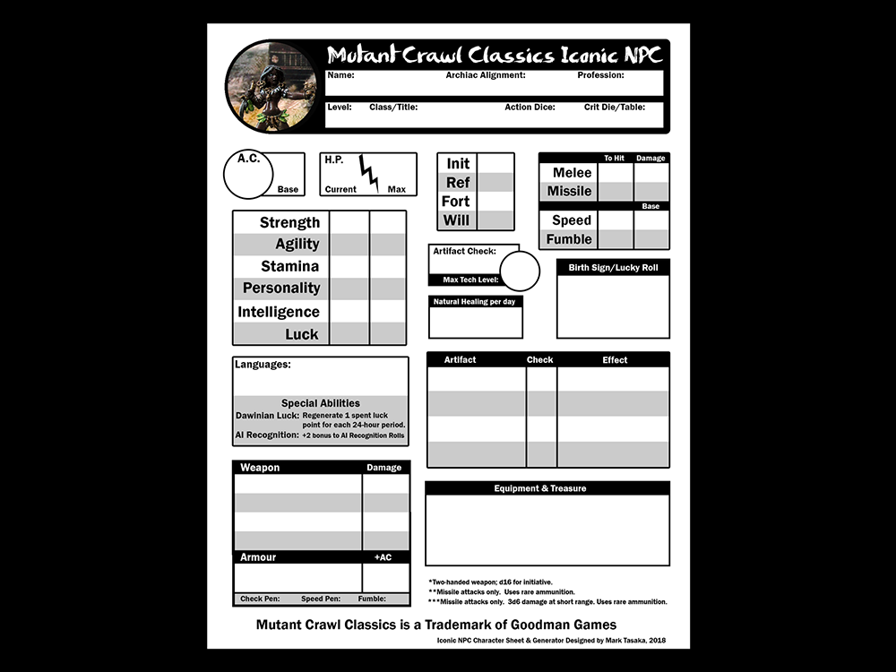 Mutant Crawl Classics Character Sheets designed by Mark Tasaka 2018
