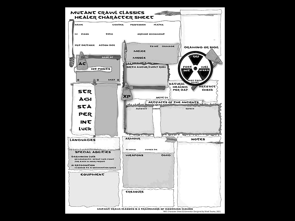 Mutant Crawl Classics Character Sheets designed by Mark Tasaka 2021